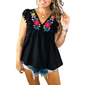 Umgee Boho Embroidered V-Neck Top Pom Pom Trim Babydoll Black Size Med NWT